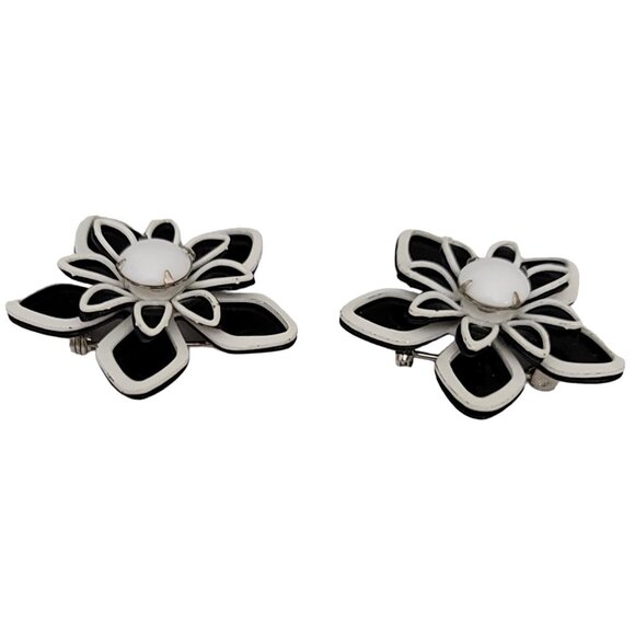 Black White Enamel Flower Brooch, Pin Pair - Picture 3 of 7